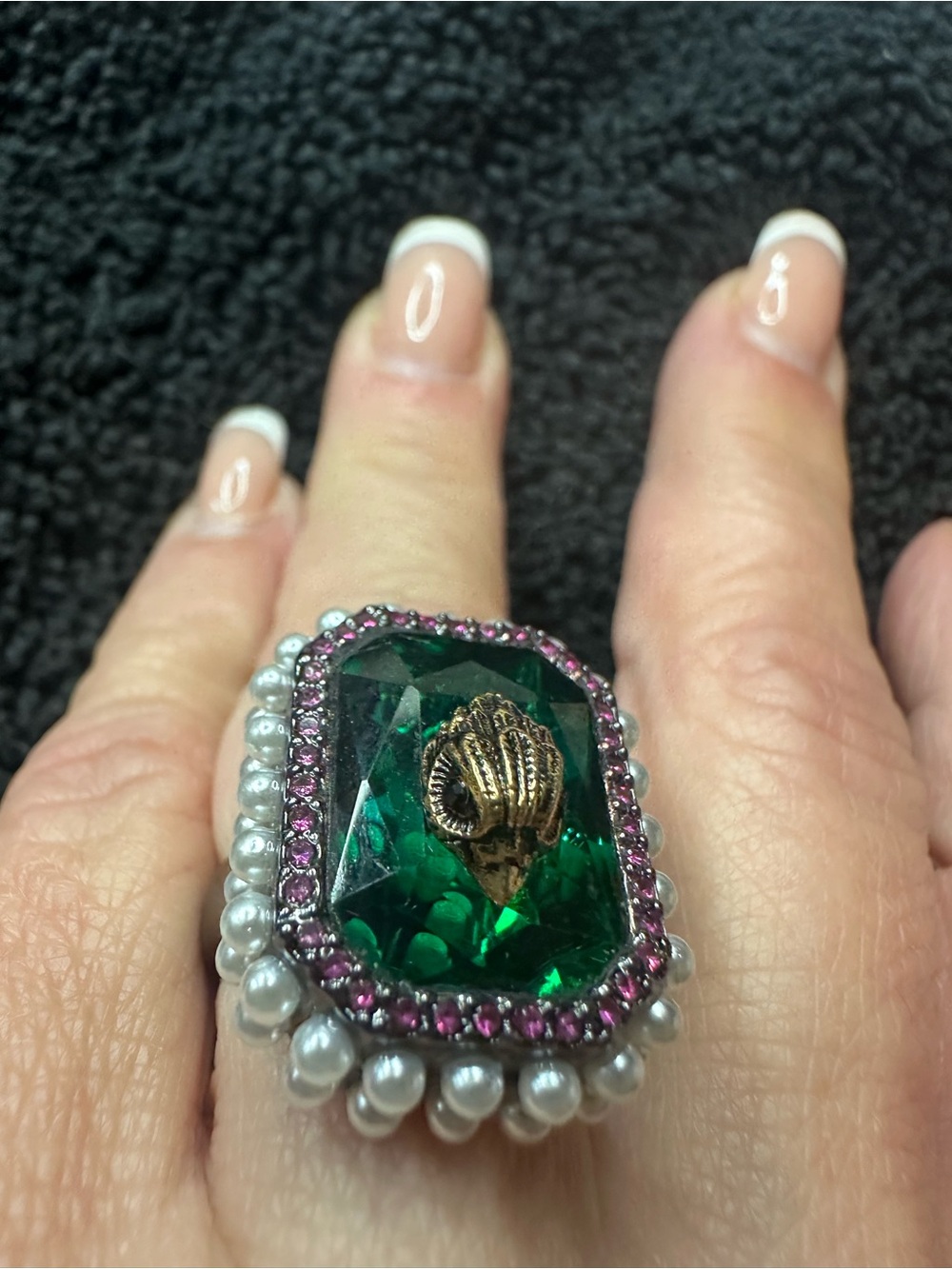 Kurt Geiger Emerald Green Cocktail Ring with Pink Halo and Pearl Trim